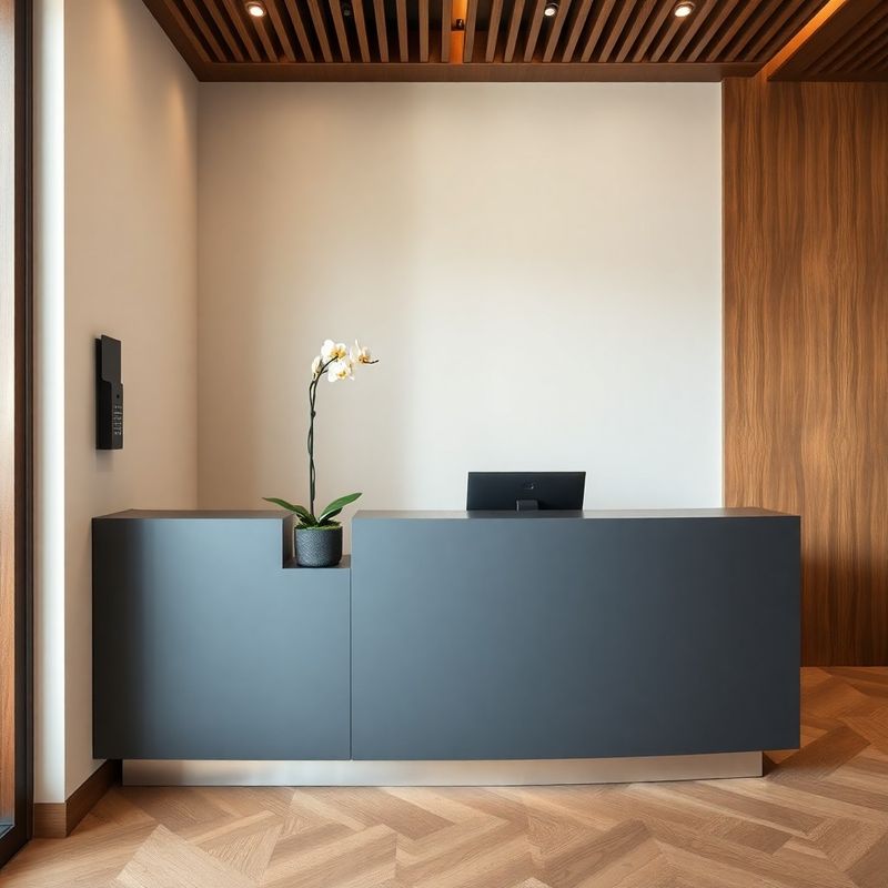 Recepția biroului GrowthStudio, cu birou gri-ardezie și o orhidee albă