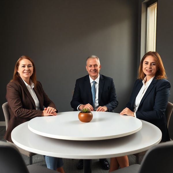 Trei profesioniști în ținută de afaceri așezați la o masă rotundă în biroul GrowthStudio
